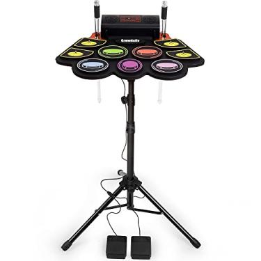 Imagem de GrowDaily Conjunto de bateria infantil elétrica, conjunto de bateria eletrônica, 9 pads com suporte, gravação de música, baquetas de bateria iluminadas, pedal de bateria, midi, alto-falante estéreo