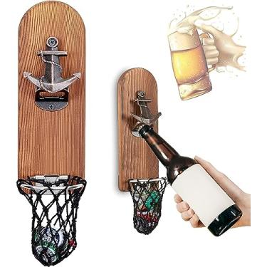 Imagem de LUCYLANKER Abridor de garrafa de cerveja montado na parede com tampa magnética, abridor de garrafas magnético de madeira para geladeira, presentes de cerveja vintage para homens, decoração de caverna