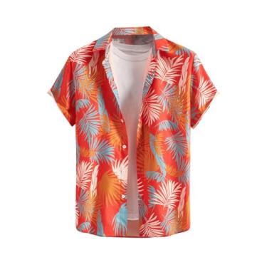 Imagem de OYOANGLE Camisa masculina havaiana de manga curta com estampa tropical Aloha, Laranja, G