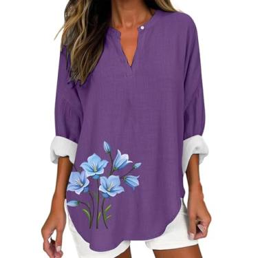 Imagem de Camiseta de linho para mulheres, estampa floral, manga comprida, gola V, camiseta grande, roupas casuais elegantes, Roxa, 3G
