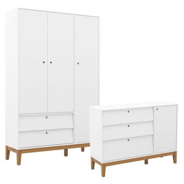 Imagem de Cômoda Sapateira e Guarda Roupa Unique 3 Portas Branco Soft Eco Wood - Matic