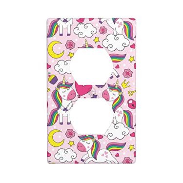 Imagem de Capa de placa de parede de tomada dupla arco-íris de unicórnio fofo, receptáculo elétrico de 1 gangue, interruptor de luz decorativo para quarto, cozinha, banheiro, fazenda (unicórnio fofo)