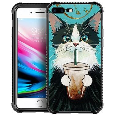 Imagem de Capa para iPhone 8 Plus com estampa de gato e café para meninas e meninos, design de imagem à prova de choque, capa traseira rígida de policarbonato para Apple iPhone 7/8 Plus