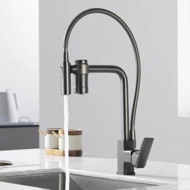 Imagem de Torneira de cozinha com filtro de água, torneira retrátil de água filtrada 2 em 1, torneiras misturadoras, pistola cinza