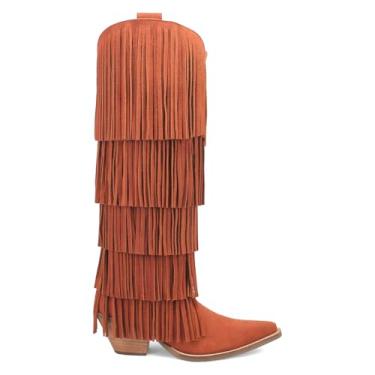 Imagem de Dingo Botas femininas Wild Child com franja e bico curto casual acima do joelho salto médio 5 a 7,6 cm - laranja, Ferrugem, 39