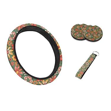 Imagem de Drydeepin Capas de volante de flor de margarida com porta-copos de carro pacote com 2 e chaveiro verde sálvia universal 35 a 38 cm protetor de volante hippie conjunto de acessórios de carro estéticos