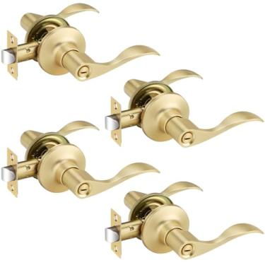 Imagem de Maçanetas de porta de latão acetinado, pacote com 4, maçaneta de porta com função de privacidade, maçanetas interiores sem chave, maçaneta de porta dourada para mão direita, maçanetas de porta de