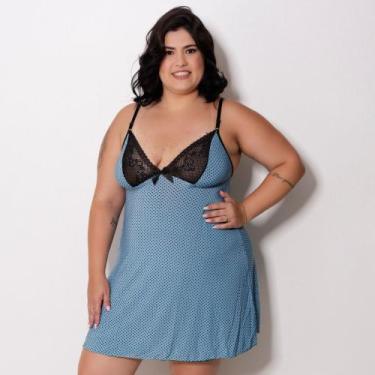 Imagem de Camisola Feminina Plus Size - LKL Confecções, Azul, Poá preto, 50