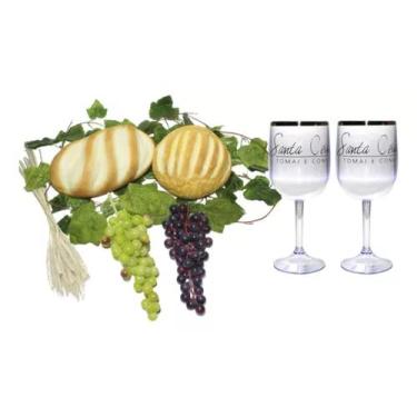Imagem de Kit Arranjo Santa Ceia Pães Uvas Folhagem Taça 290ml E Trigo - Portal 