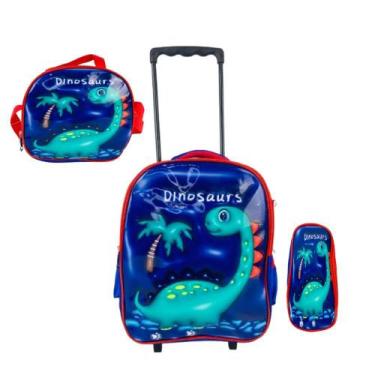 Imagem de Mochila Lancheira + Estojo Infantil Dinossauro Rodinha Azul - Yeet