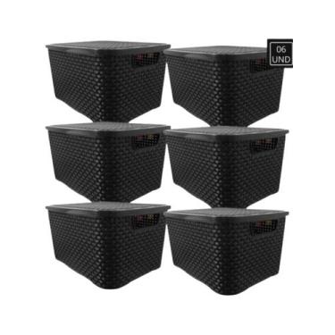 Imagem de KIT C/ 6 CAIXAS ORGANIZADORAS CESTO RATTAN 7 Litros PRETO Com TAMPA AR