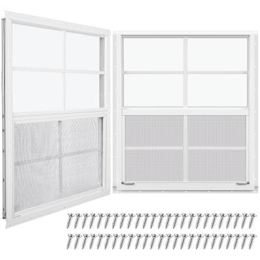 Imagem de Tandefio 2 peças de janela branca embutida para galpões de vidro temperado e tela para uso doméstico, janelas deslizantes com controle deslizante vertical e parafusos para galinheiros (2 peças, 45 x