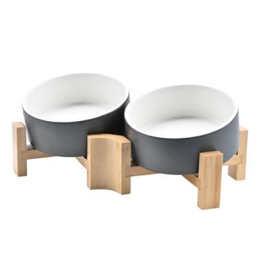 Imagem de SPUNKYJUNKY Tigela inclinada de cerâmica para cães e gatos de 15° com suporte de madeira, tigela inclinada para comida e água para buldogue não escorrega para gatos, cães médios, grandes animais de