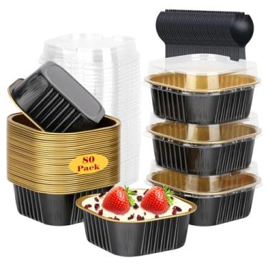 Imagem de Mini formas de bolo com tampas, 142 g/80 unidades com tampas, formas descartáveis LNYZQUS para muffins de ramequins, copos de assar, pequenos recipientes de alumínio para brownie, mini suportes de