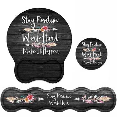 Imagem de Conjunto de apoio de pulso e mouse pad para teclado, citação inspiradora Fique positivo trabalho duro e faça acontecer Base PU de borracha antiderrapante para escritório em casa estudando fácil digitação e alívio da dor
