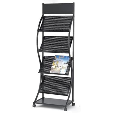Imagem de Porta-revistas de chão, suporte de jornal de 4 camadas, suporte de exibição de folhetos, suporte de revistas com rodas para muitos folhetos e folhetos (preto)