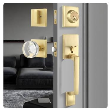 Imagem de Heittis Conjunto de maçanetas e fechaduras douradas, maçanetas de porta de entrada resistentes com maçanetas de vidro, conjunto de fechadura de cilindro único reversível para entrada