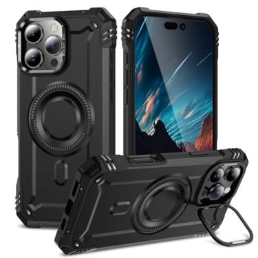 Imagem de POYUFRG Capa à prova de choque para iPhone 16 Pro Max/16 Pro/16 Plus/16, capa com suporte para armação de lente fosca antiarranhões, suporte de sucção magnética para veículos, preta, 16 Plus