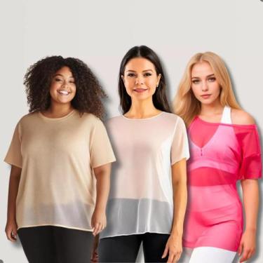 Imagem de Kit 3 Blusa Tule Feminina Academia Transparente Tshirt Lisa - Contramã
