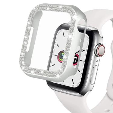 Imagem de (45 mm, prata) Capas ZQCFKJ Bling Crystal Diamond Bumper Cover [2 unidades] para Apple Watch Series 9/8/7 45 mm iWatch Glitter Double Row Crystal Diamond Frame Stainless Steel Metal Protective Cover