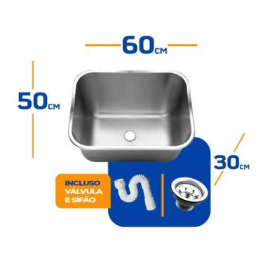 Imagem de Cuba As Pia Inox Industrial Lavanderia Aço 304 60x50x30