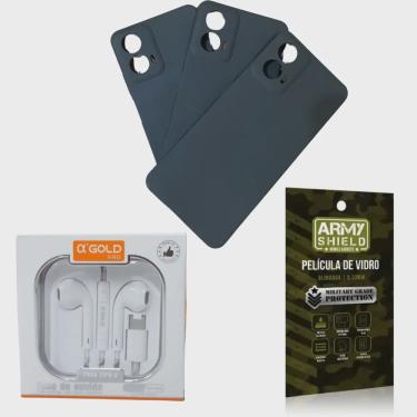 Imagem de Kit Capinha AntiShock Preto p/ Moto G24 + Fone Tipo-C + Pelicula 3D - Armyshield