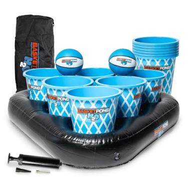 Imagem de BasketPong H2O Jogo de pongue inflável para piscina com bolas de cesta e baldes - jogo ao ar livre para gramado, praia e quintal - Inclui 12 baldes, 2 bolas de cesta, bolsa de transporte, bomba de ar