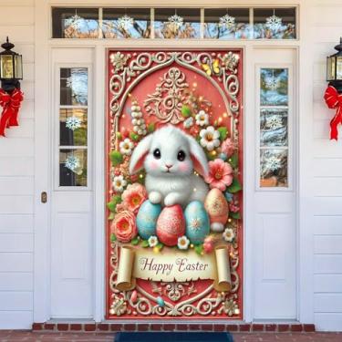 Imagem de Starlit Patio Capa de porta Happy Easter Bunny Decorações Coelhinho Ovos de Páscoa Faixa de Porta 89,9 x 179,8 cm Poliéster Multicolorido Lavável