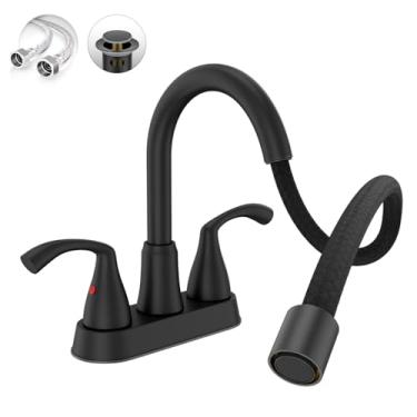 Imagem de Phiestina Torneira de pia de banheiro preta fosca de 10 cm com pulverizador de puxar, bico giratório - conjunto completo, dreno pop-up de metal, linhas de abastecimento de água, 2 alças para pias de 3