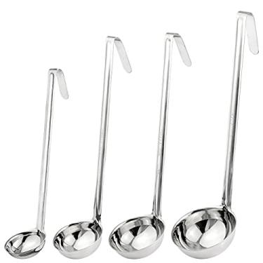 Imagem de [Conjunto de 4] Concha de sopa de aço inoxidável – 56 g, 113 g, 170 g, 227 g Espátula de molho com alças de gancho, colher de servir de grau comercial, ferramenta de cozinha para restaurante ou cozinha doméstica, acabamento espelhado