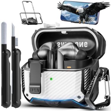 Imagem de MCTOPZO Com suporte de telefone para Samsung Galaxy Buds3 FE (2025)/Buds3 Pro (2024)/Buds 3 (2024), com clipe de bloqueio seguro e kit de limpeza, design de proteção de fibra de carbono à prova de