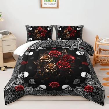 Imagem de AILONEN Conjunto de edredom de caveira gótica boêmia, tamanho Queen, rosas vermelhas e douradas, conjunto de edredom para meninos e adolescentes, 3 peças para decoração de quarto, 1 colcha e 2 fronhas