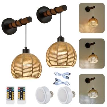 Imagem de SGLfarmty Conjunto de 2 arandelas de parede operadas por bateria, luminária de parede recarregável alimentada por bateria com braço de madeira e controle remoto, lâmpadas de parede de corda de cânhamo