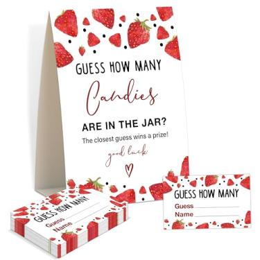 Imagem de Jogos de chá de bebê - jogo de morango adivinhe quantos doces estão no frasco, 1 placa e 50 cartas de adivinhação, jogo de revelação de gênero, suprimentos de decoração de chá de bebê Berry Sweet