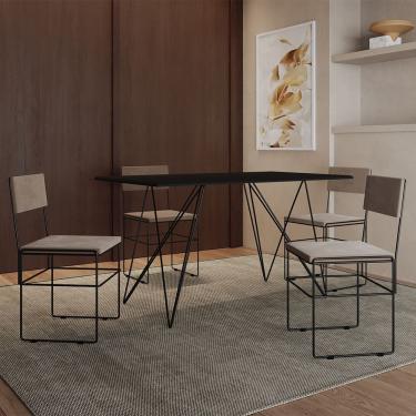 Imagem de Mesa Jantar Industrial Trama 1,40x0,80m Preta Com 4 Cadeiras Estofadas Vitória Bege E Preta Marrom