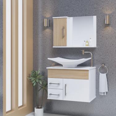 Imagem de Conjunto Gabinete Inferior E Superior Banheiro 2 Gavetas 1 Porta Turin - Freijó Amadeirado - Bege