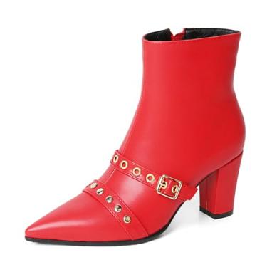 Imagem de MEOTINA Botas Vermelhas Femininas, Bico Fino, Cano Curto, Salto Grosso, Com Zíper E Rebites, Sapatos Curtos Da Moda