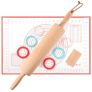 Imagem de WitHlper Rolo de massa de madeira de faia com cabo de 44,5 cm x 6 cm para assar pizza, tortas, biscoitos, pastelarias, 3 espessuras, tiras de silicone de grau alimentício, tapete de silicone (4)