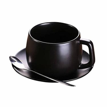 Imagem de Sizikato Conjunto clássico de xícara e pires de porcelana preta fosca, xícara de chá de 236 ml, xícara de café com colher