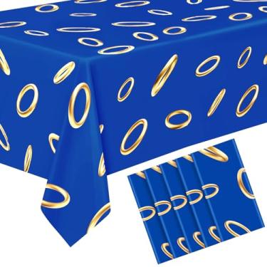 Imagem de Oudain 5 peças de toalha de mesa de plástico azul com estampa de anel de ouro, 272 x 137 cm, capa de mesa de tinsel de desenho animado para videogames, decoração de festa com tema de aniversário