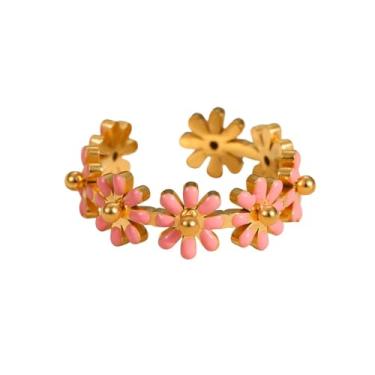 Imagem de Anel aberto de declaração de margarida colorida para mulheres de aço inoxidável banhado a ouro 18 K esmaltado floral flor ajustável empilhamento anéis de dedo ajuste confortável moda amizade pulseiras