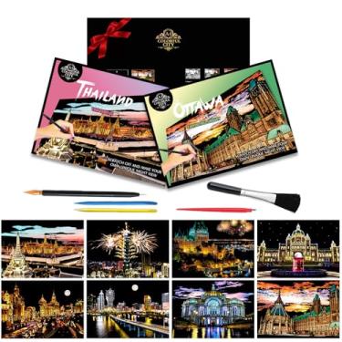 Imagem de 8 folhas de arte arco-íris arranhão construção cidade papel alumínio arte para adultos esboços coloridos raspar livros de colorir presentes para amantes de artesanato, meninas, meninos para dia dos