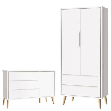 Imagem de Cômoda Infantil Com Porta E Guarda Roupa 2 Portas Theo Branco Acetinado Pés Madeira Natural ? Reller