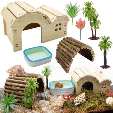 Imagem de Niuohoy Kit de caranguejo eremita esconderijo tanque de água acessórios decorativos com decorações de palmeira brinquedo de enriquecimento para tartarugas, lagarto, sapo, lagartixa, camaleões
