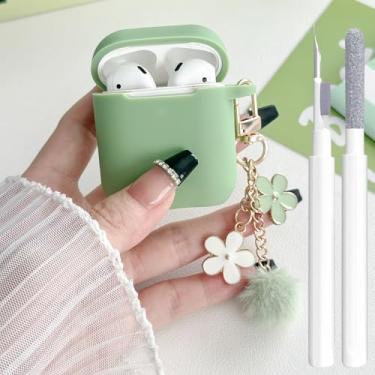 Imagem de Linda capa verde para AirPods 2ª/1ª geração, capa para meninas e mulheres, com chaveiro de flor pompom e kit de limpeza, silicone macio, Airpods iPod 2ª/1ª geração, capa protetora para AirPods 2/1