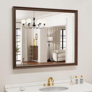 Imagem de WEER Espelho de banheiro de cobre retrô, espelho emoldurado bronze esfregado a óleo de 91 x 76 cm, espelho de parede retangular vintage clássico, espelho de banheiro de fazenda, vidro temperado