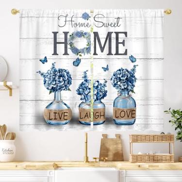Imagem de Cortina de cozinha floral hortênsia azul 70 cm L x 99 cm 2 painéis bolso para varão casa de fazenda rústica casa de campo doce vintage flor pequena curta café nível inspirador banheiro janela