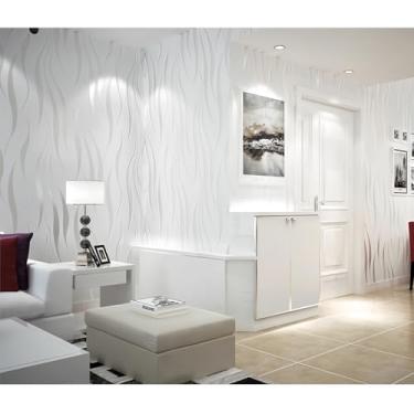 Imagem de Papel de parede não tecido 3D flocagem autoadesivo efeito listrado flash sala de estar quarto hotel decoração pano de parede off-white 53 * 950 cm