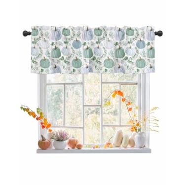 Imagem de Cortina de abóbora, azul petróleo, branca, para janelas, dia de Ação de Graças, outono, folhas verdes, sanefa, bolso para varão, tratamento de janela, cortinas curtas para cozinha, banheiro, sala de