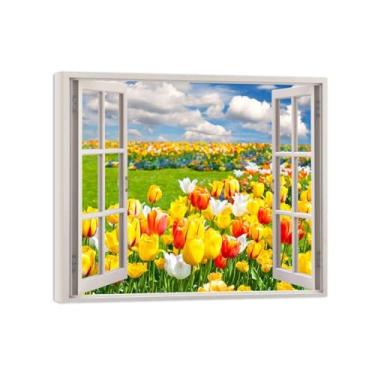 Imagem de Impressões em tela paisagens-Arte parede janela falsa-Nuvens flores amarelas-Natureza Pintura Decoração Banheiro Tela Embrulhada 20x25cm